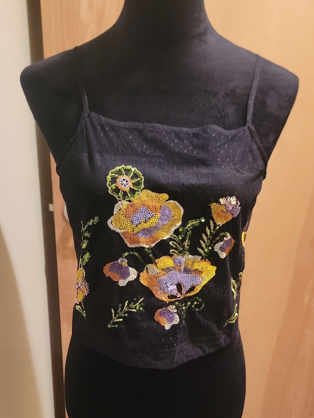 Walter Baker Black Cami with Yellow & Purple Floral Embroidery